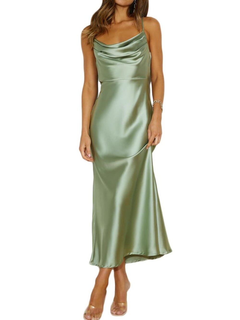 🆕 Summer Satin Spaghetti Strap Cowl Neck Backless Midi Dresses for Women